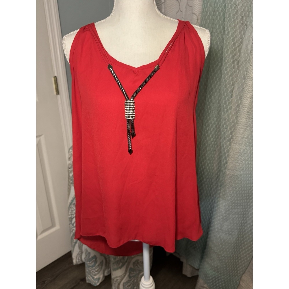 Love J Red Sleeveless Blouse Chain Rhinestone Collar Decor Lightweight XL